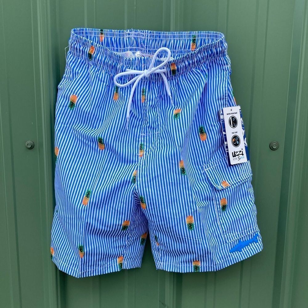 Blue Striped Kids Swim Shorts with Pineapple Print